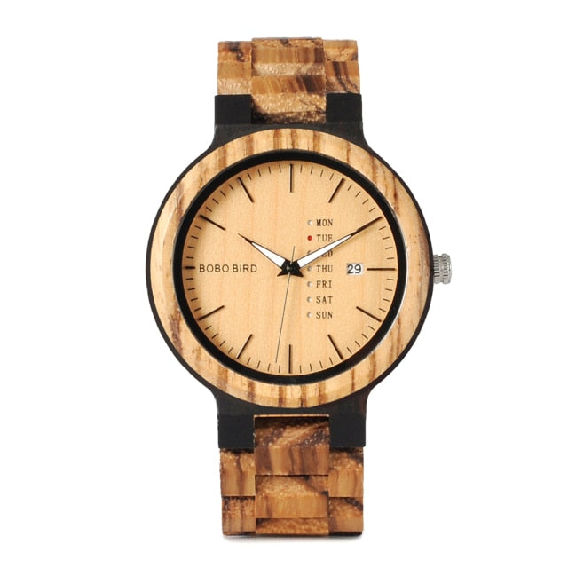 Bobo Bird GP014-1 Wood Quartz Watch Date Display and Wooden Strap available fromFiveTo.co.uk