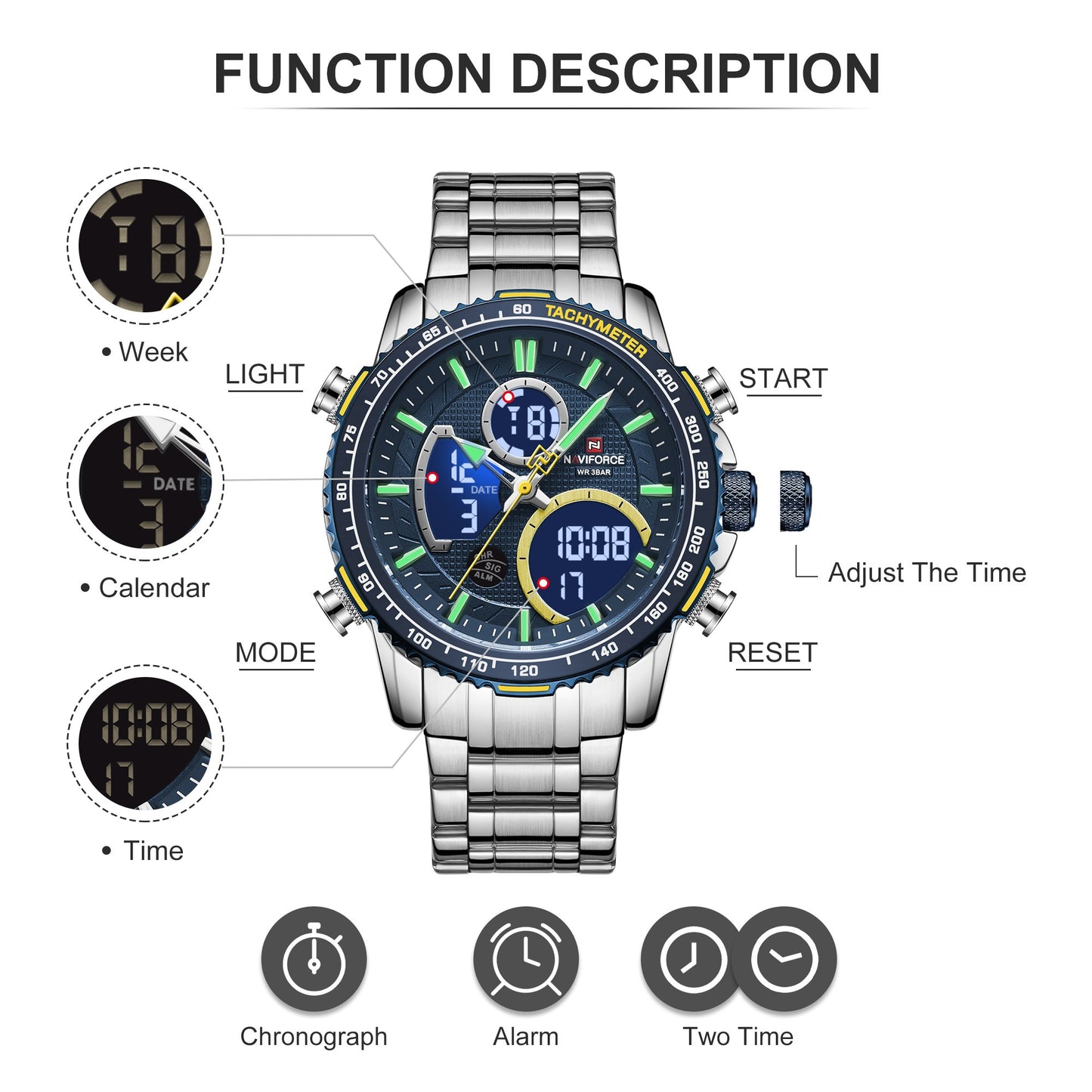 Functions for Naviforce 9182 Sport Chronograph Analogue Digital Display watch from fiveto.co.uk