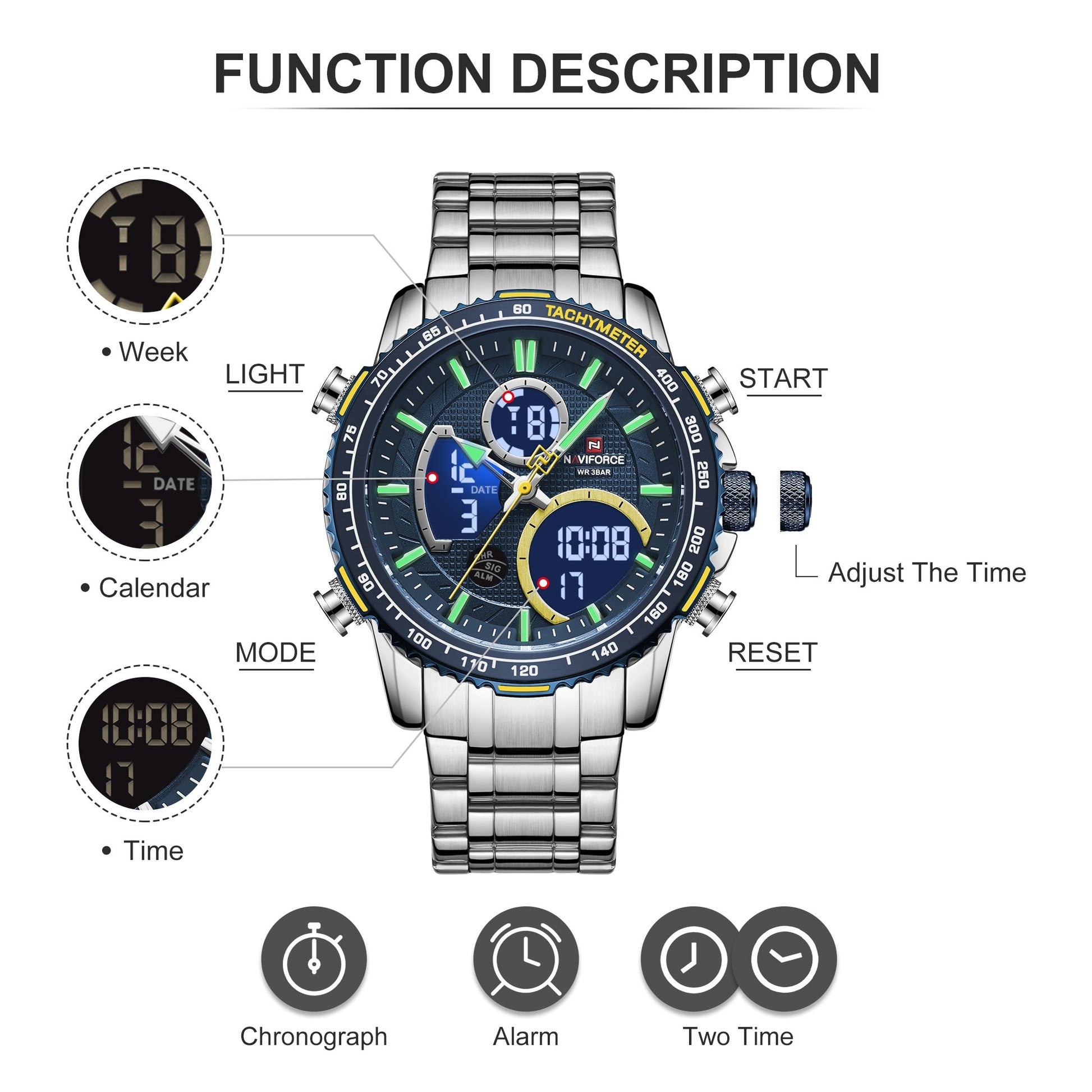 Functions for Naviforce 9182 Sport Chronograph Analogue Digital Display watch from fiveto.co.uk