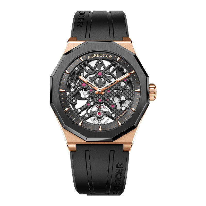 Agelocer Model 6001 Skeleton Mechanical from FiveTo.co.ukAgelocer Model 6001 Carbon, Gold and Black Skeleton Mechanical watch from FiveTo.co.uk