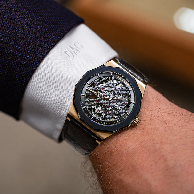 Agelocer Model 6001 Gold and Black Skeleton Mechanical watch from FiveTo.co.uk