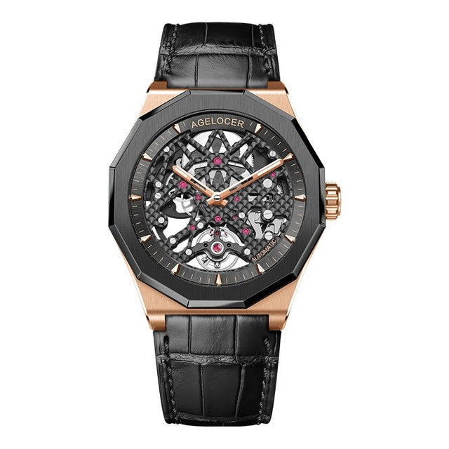 Agelocer Gold and Black with carbon face Model 6001 Skeleton Mechanical watch from FiveTo.co.uk