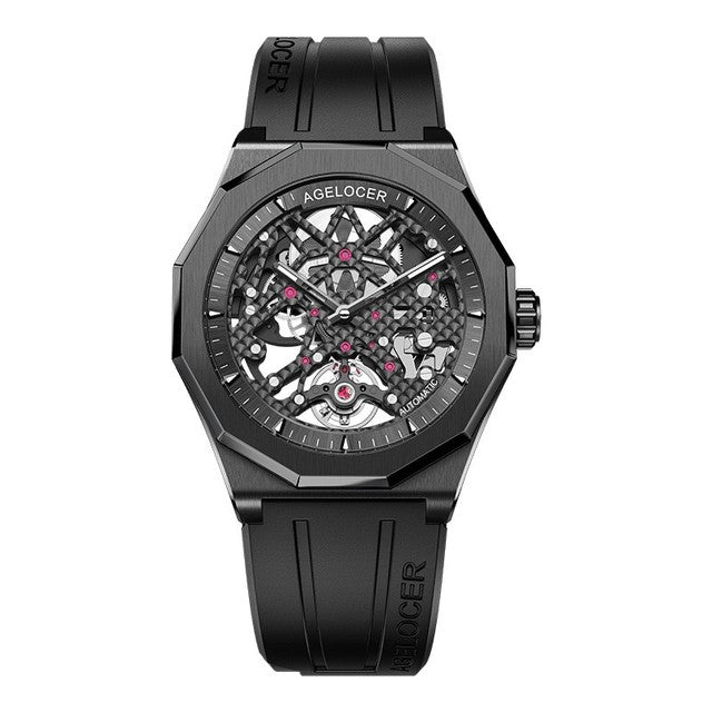 Agelocer Model 6001 Skeleton Mechanical Black and Carbon Watch from FiveTo.co.uk