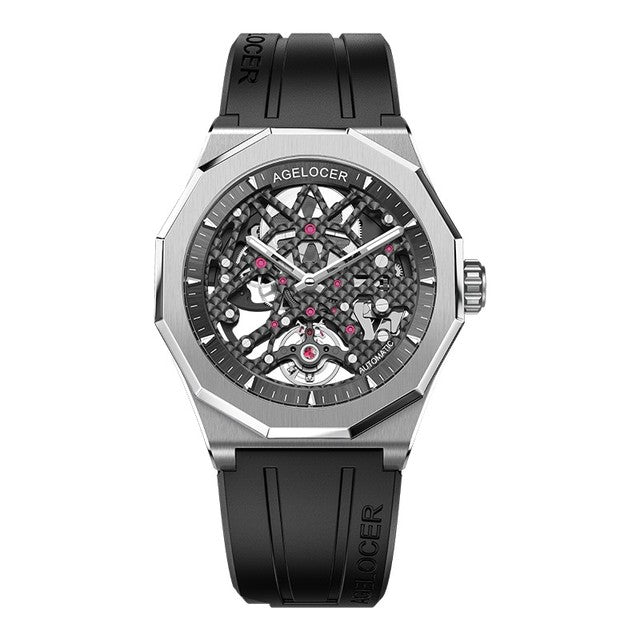 Agelocer Model 6001 Skeleton Mechanical Watch in Black and Stainless Steel from FiveTo.co.uk
