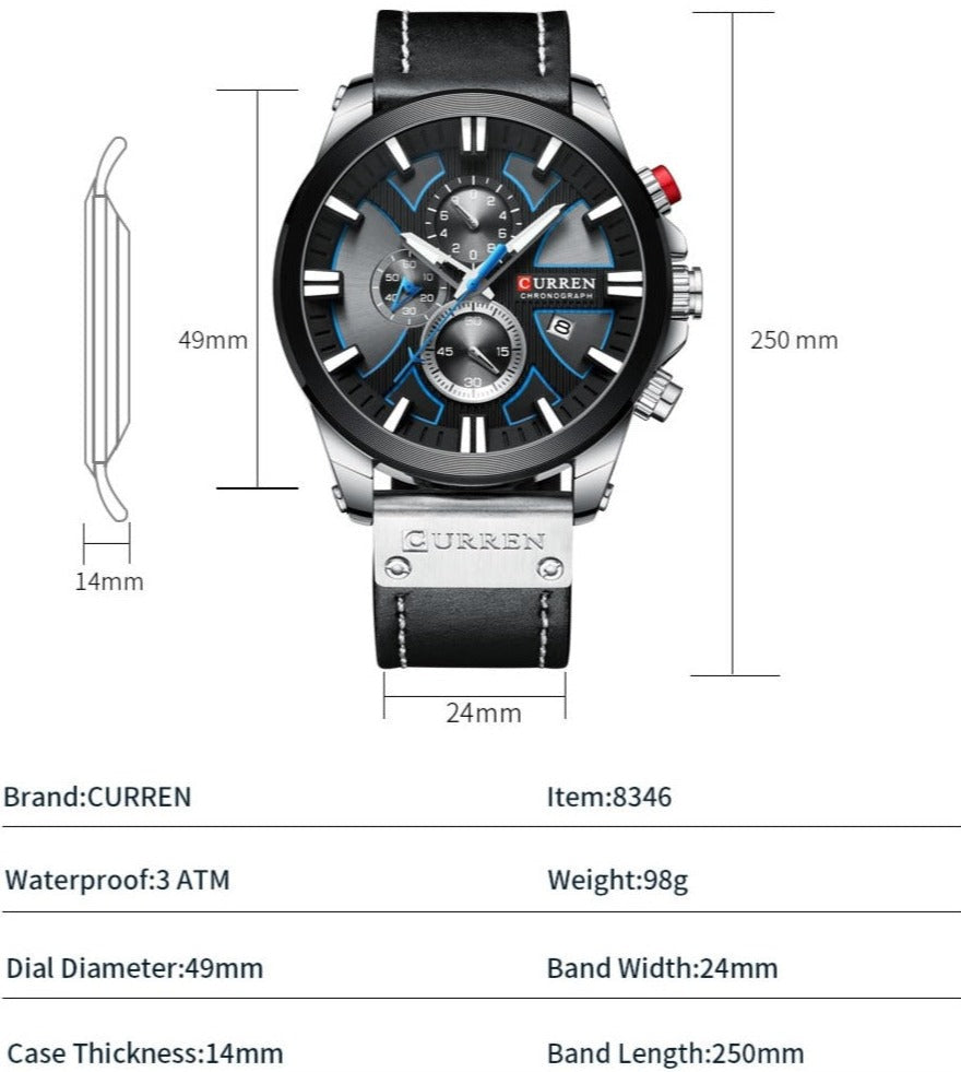 Dimensions Curren Model 8346 Chronograph Quartz watch available from FiveTo.co.uk