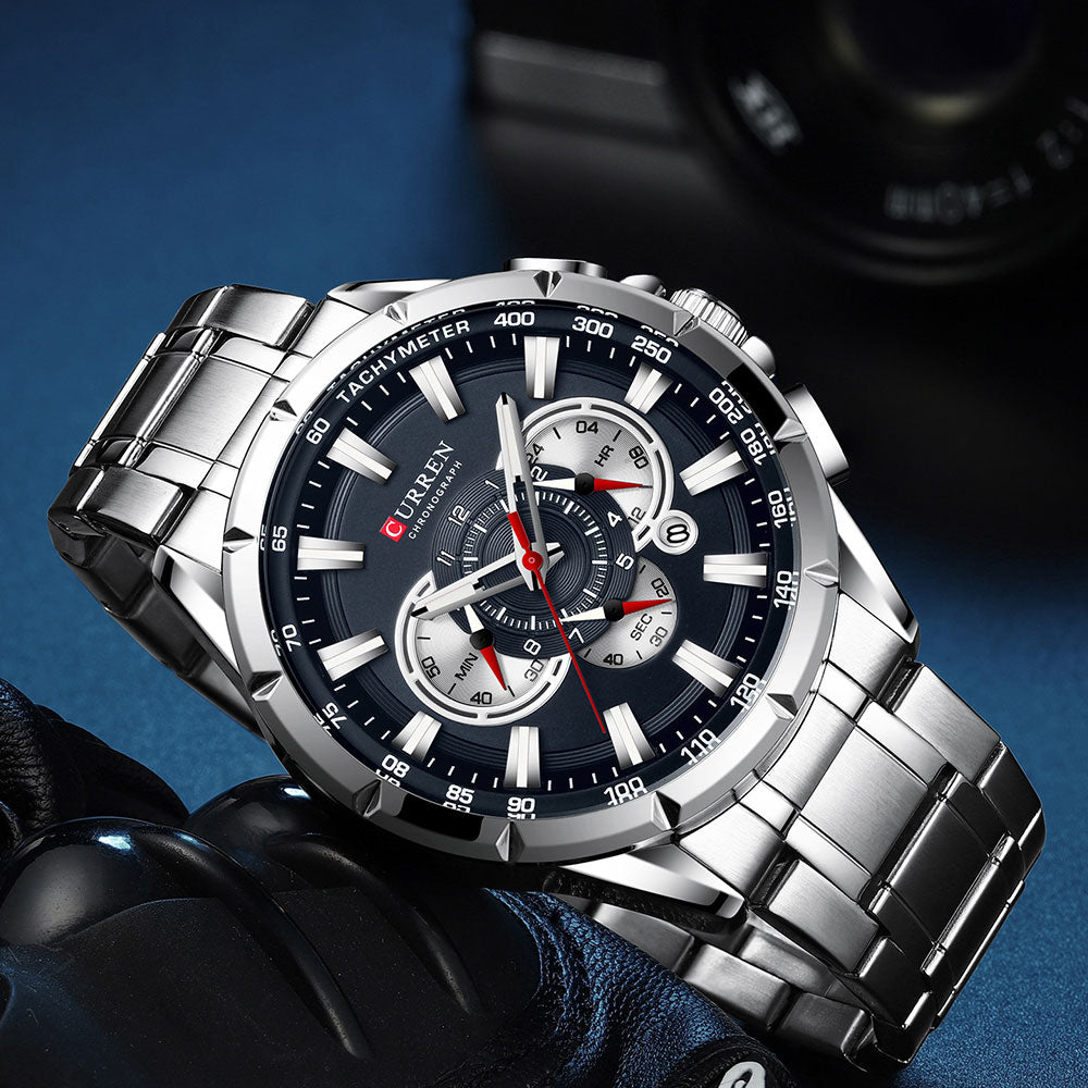 Curren Model 8363 Sport Chronograph Stainless Steel Quartz Watch available from FiveTo.co.uk
