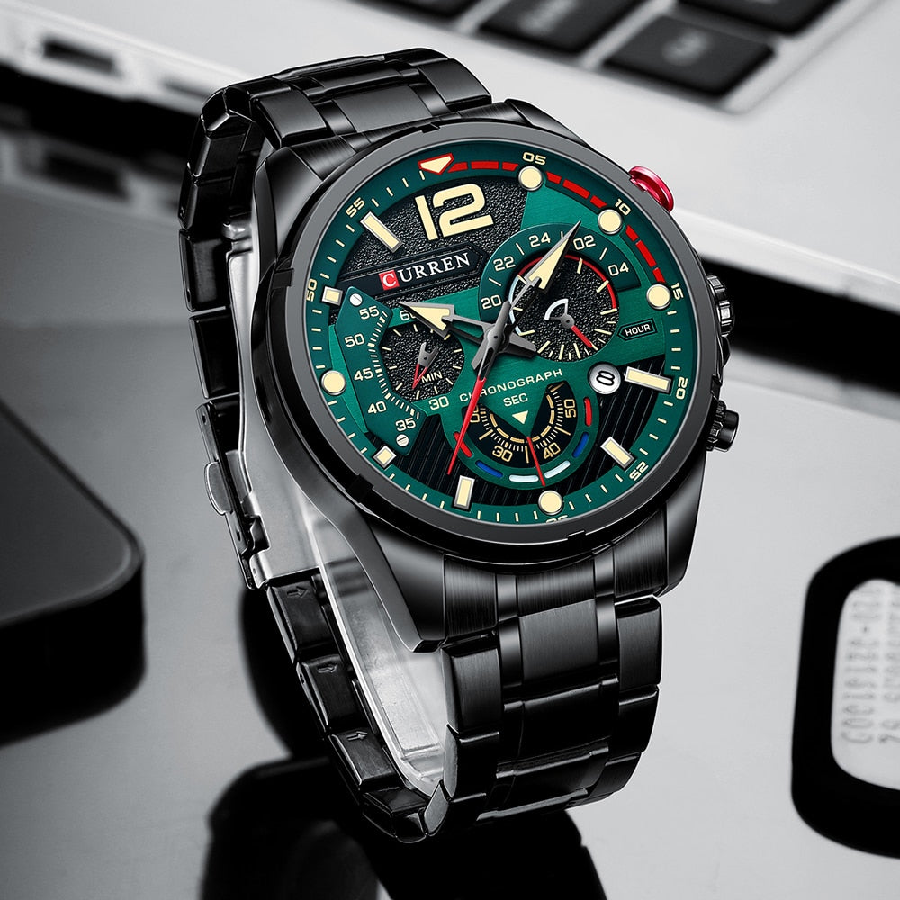Black/Green Curren Model 8395 Stainless Steel Sport Quartz Chronograph from FiveTo.co.uk