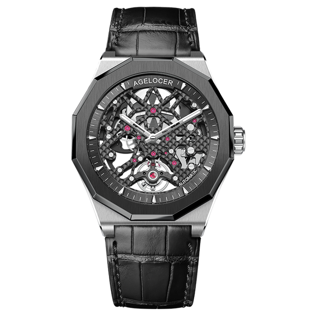 Agelocer Model 6001 Skeleton Mechanical Watch in Black and Stainless Steel from FiveTo.co.uk