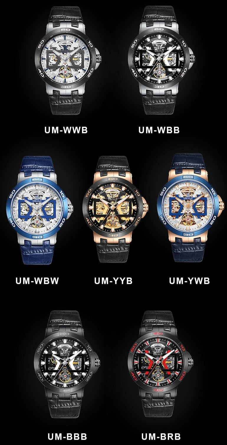 Colour Range Oblvlo New UM Series Skeleton Mechanical Automatic Winding Watch available from FiveTo.co.uk