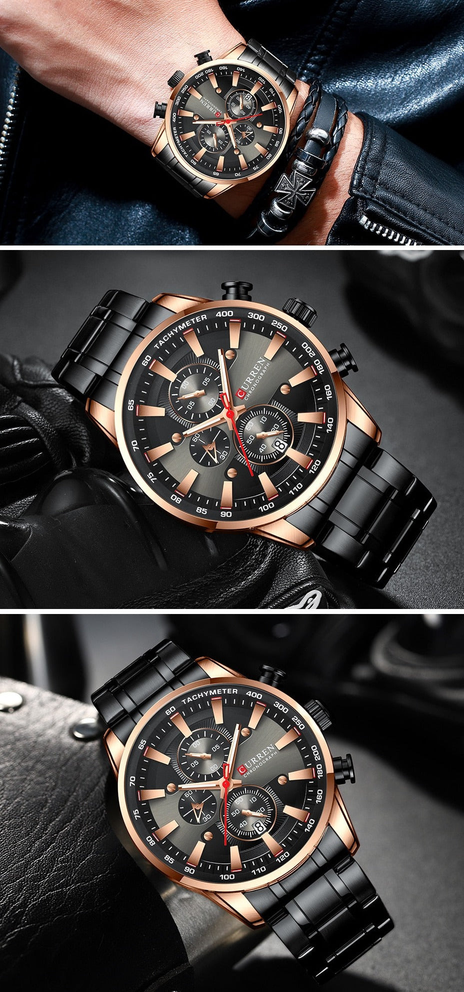 Black/Gold Curren Model 8351 Quartz Sport Chronograph Stainless Steel Watch available from FiveTo.co.uk