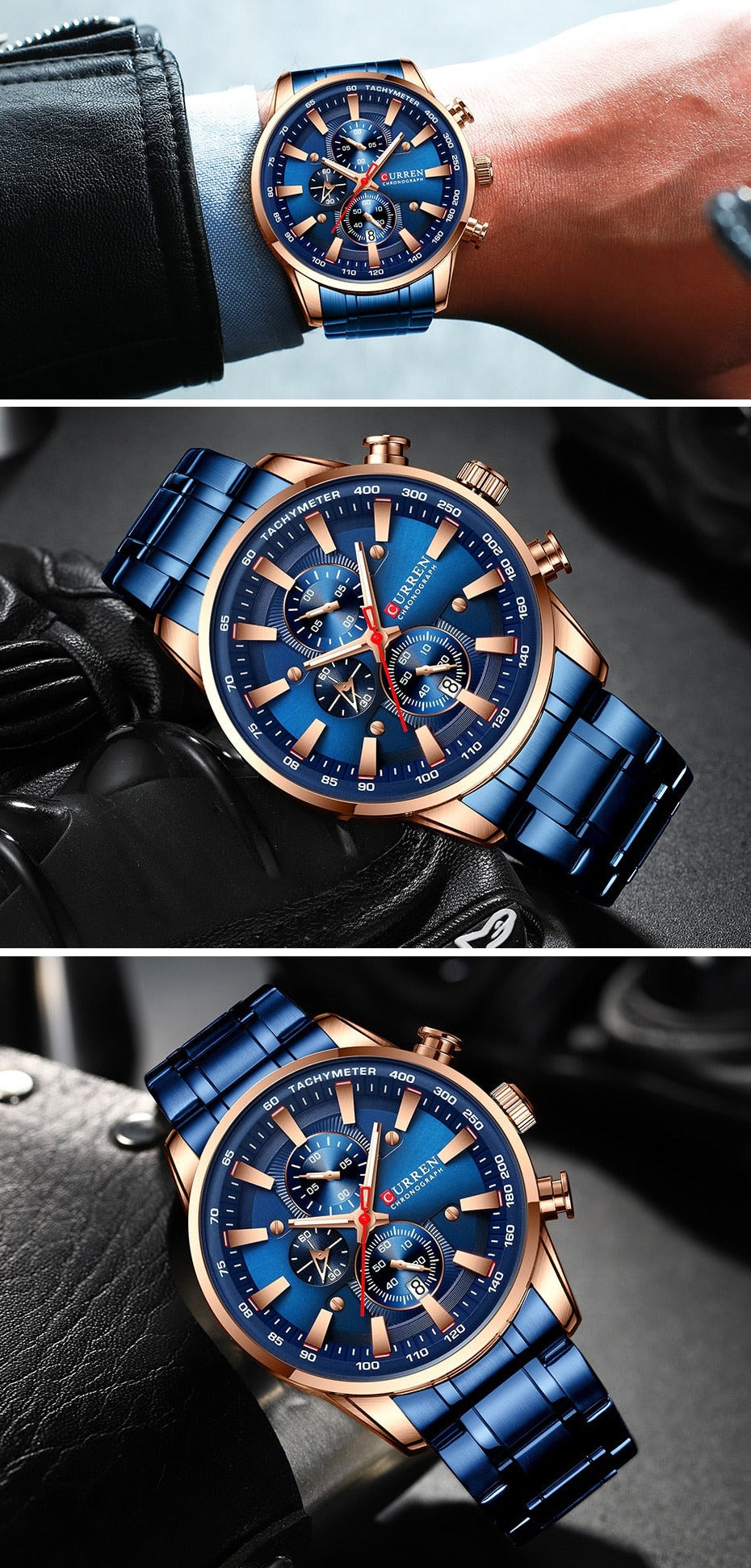 Blue/Rose Curren Model 8351 Quartz Sport Chronograph Stainless Steel Watch available from FiveTo.co.uk