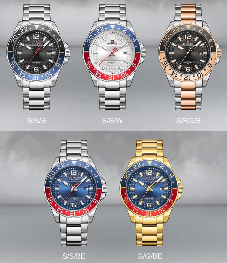 Colour Range Naviforce 9192 Stainless Steel Calendar Quartz Watch fromfiveto.co.uk