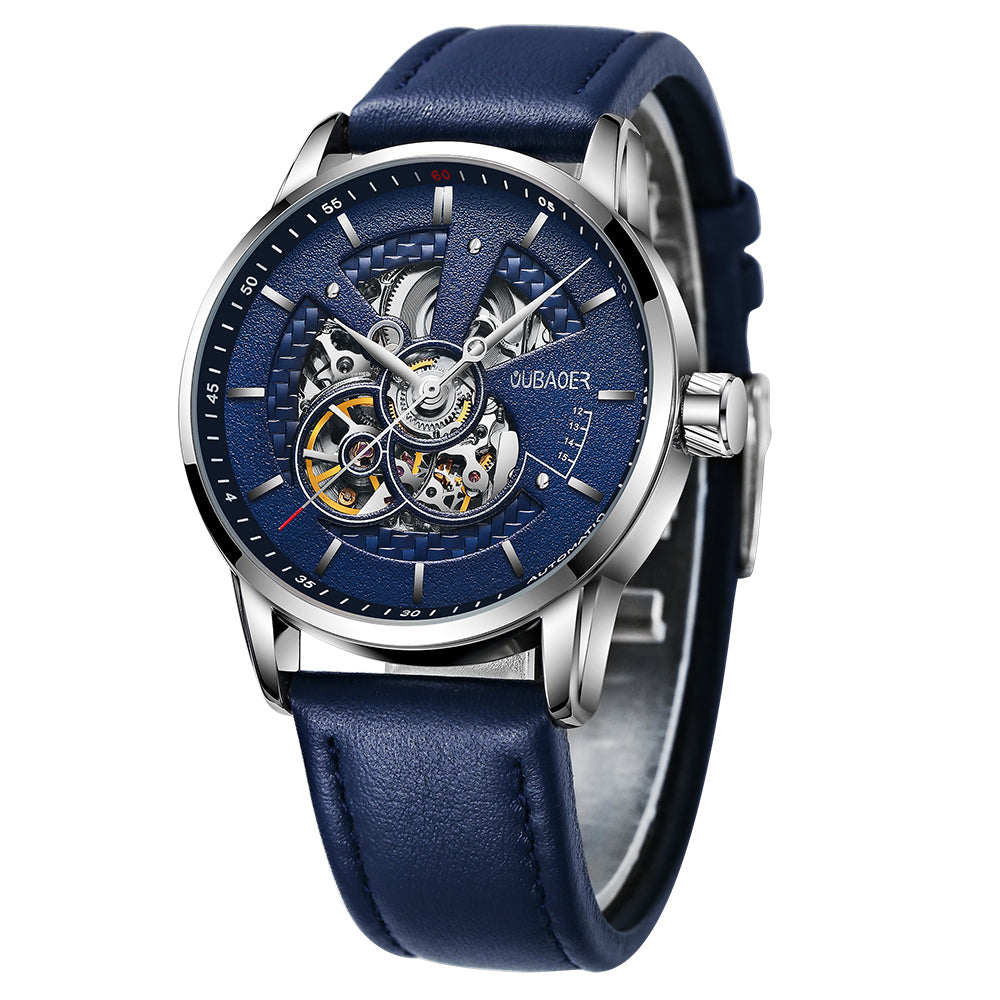 Oubaoer Skeleton Automatic Mechanical Watch with Leather Strap available from FiveTo.co.uk