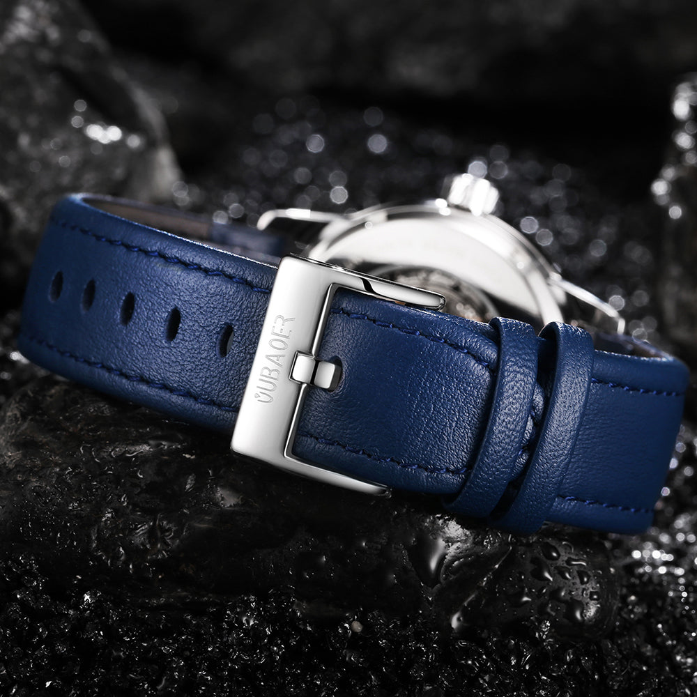 Blue Strap detail Oubaoer Skeleton Automatic Mechanical Watch with Leather Strap available from FiveTo.co.uk