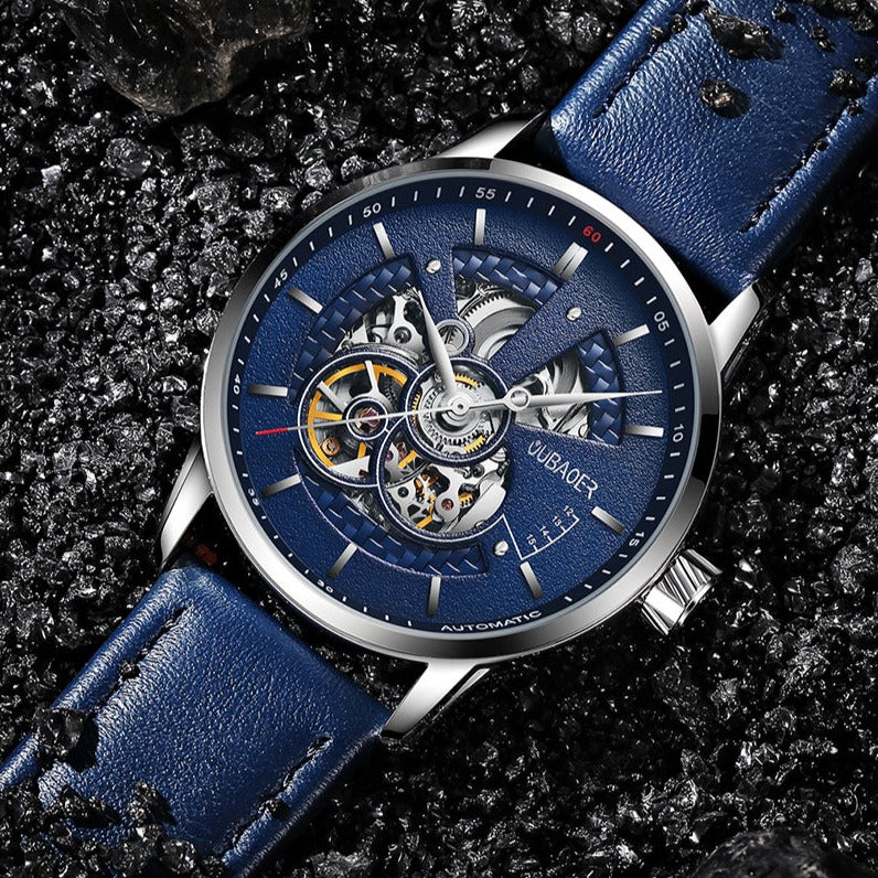 Blue Oubaoer Skeleton Automatic Mechanical Watch with Leather Strap available from FiveTo.co.uk