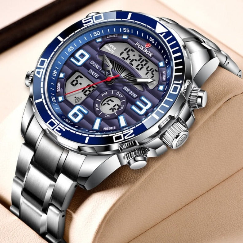 Foxbox FB007 Dual Display Stainless Steel Quartz Sport Watch available from FiveTo.co.uk