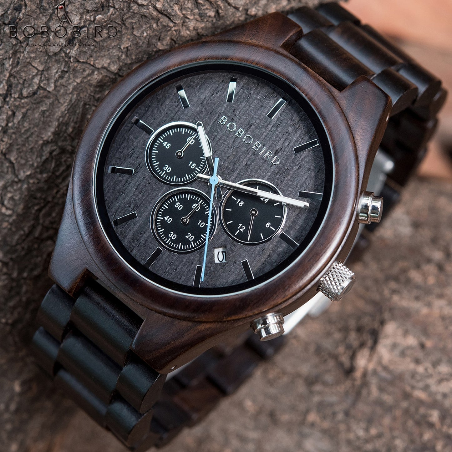 Bobo Bird GT032 Handmade Ebony Wooden Quartz Watch available from FiveTo.co.uk
