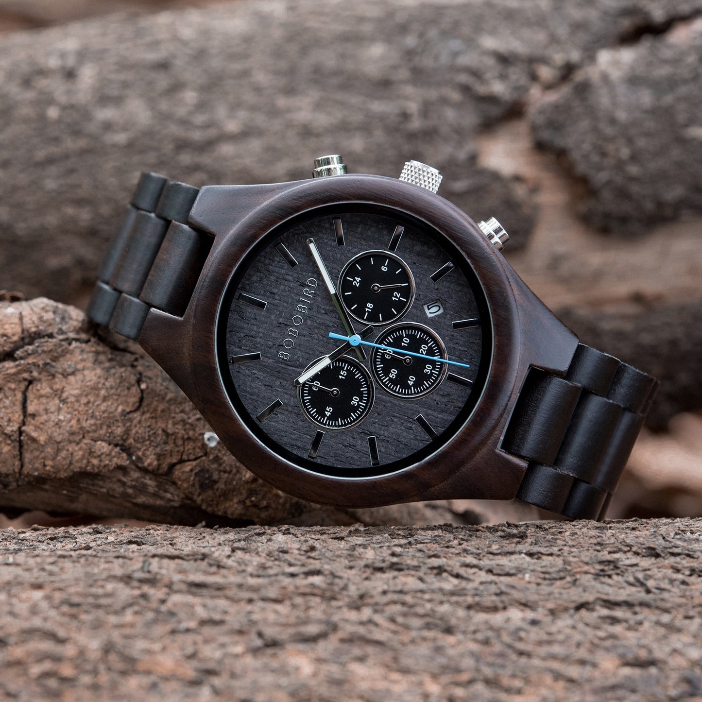 Bobo Bird GT032 Handmade Ebony Wooden Quartz Watch available from FiveTo.co.uk