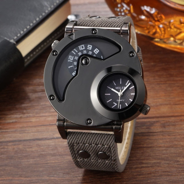 V6 No.1900 Dual Time Zone Twin Dial Quartz Stainless Steel with Leather Strap.