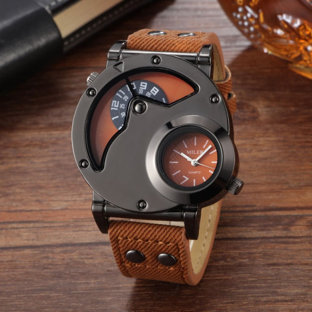 V6 No.1900 Dual Time Zone Twin Dial Quartz Stainless Steel with Leather Strap.