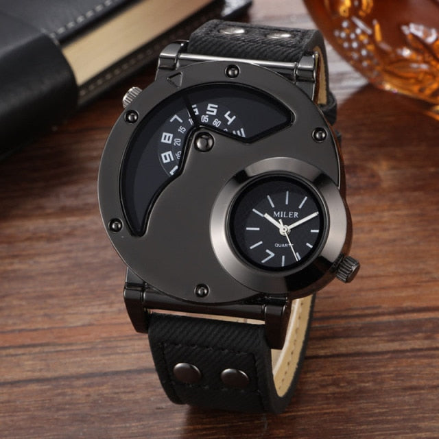 V6 No.1900 Dual Time Zone Twin Dial Quartz Stainless Steel with Leather Strap.