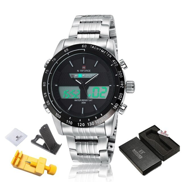 Silver Naviforce 9024 Sport Stainless Steel Digital Analogue Quartz Watch from fiveto.co.uk