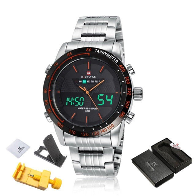 Silver Naviforce 9024 Sport Stainless Steel Digital Analogue Quartz Watch from fiveto.co.uk