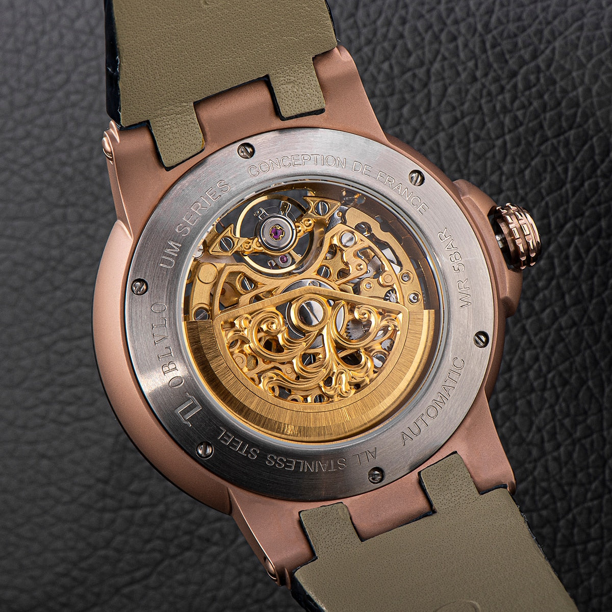 Oblvlo New UM Series Skeleton Mechanical Automatic Winding Watch available from FiveTo.co.uk