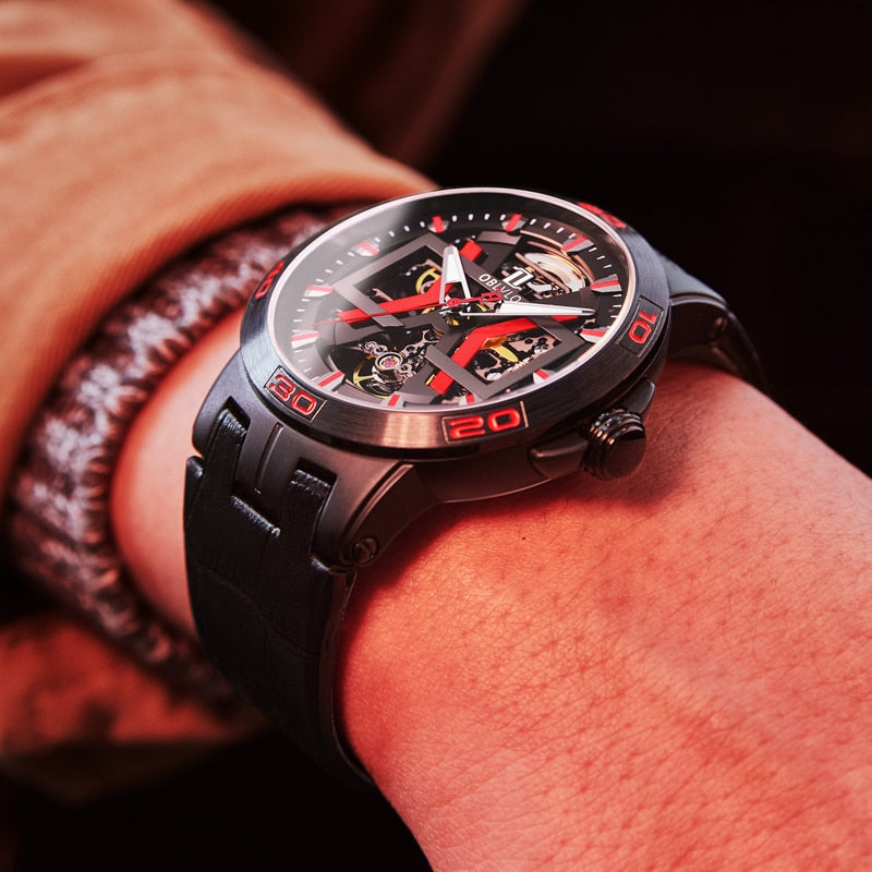 Black and Red Oblvlo New UM Series Skeleton Mechanical Automatic Winding Watch available from FiveTo.co.uk