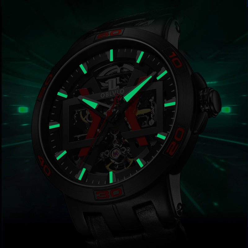 Luminous Oblvlo New UM Series Skeleton Mechanical Automatic Winding Watch available from FiveTo.co.uk