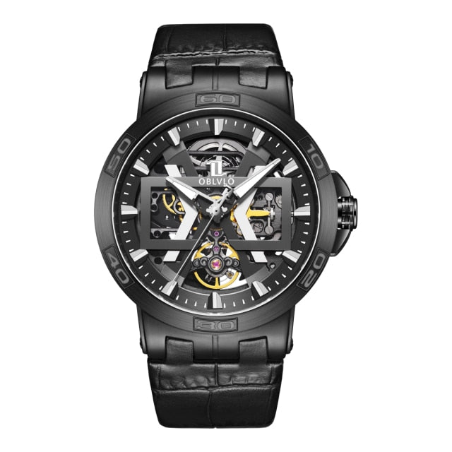 Black Oblvlo New UM Series Skeleton Mechanical Automatic Winding Watch available from FiveTo.co.uk