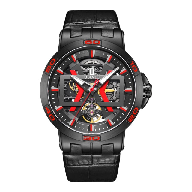 Black and Red Oblvlo New UM Series Skeleton Mechanical Automatic Winding Watch available from FiveTo.co.uk