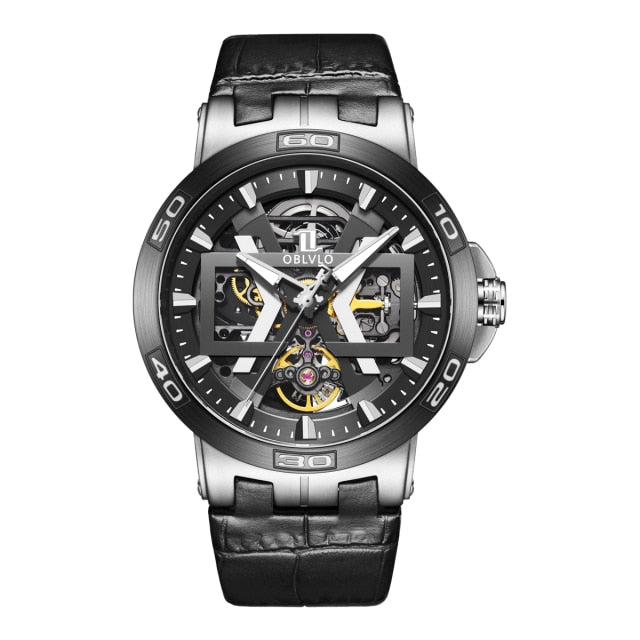 Black Oblvlo New UM Series Skeleton Mechanical Automatic Winding Watch available from FiveTo.co.uk