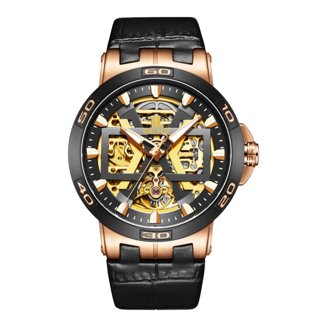 Gold and Black Oblvlo New UM Series Skeleton Mechanical Automatic Winding Watch available from FiveTo.co.uk