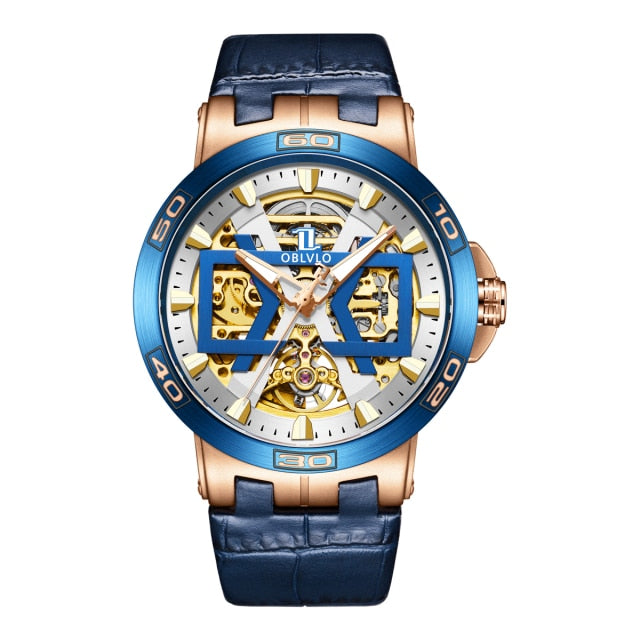 Blue and Gold Oblvlo New UM Series Skeleton Mechanical Automatic Winding Watch available from FiveTo.co.uk