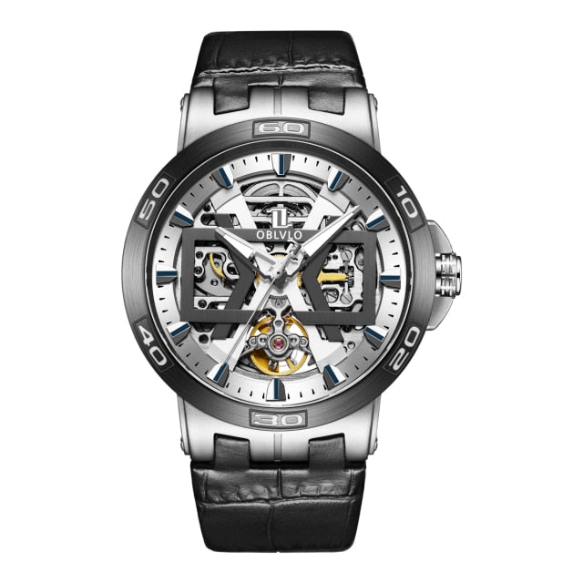 Silver and Black Oblvlo New UM Series Skeleton Mechanical Automatic Winding Watch available from FiveTo.co.uk