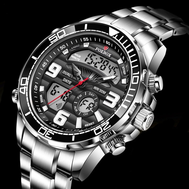 Foxbox FB007 Dual Display Stainless Steel Quartz Sport Watch available from FiveTo.co.uk