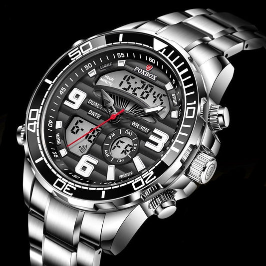 Foxbox FB007 Dual Display Stainless Steel Quartz Sport Watch available from FiveTo.co.uk