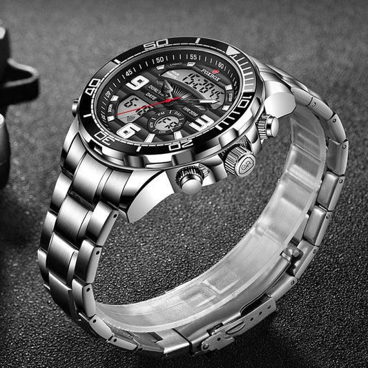 Foxbox FB007 Dual Display Stainless Steel Quartz Sport Watch available from FiveTo.co.uk