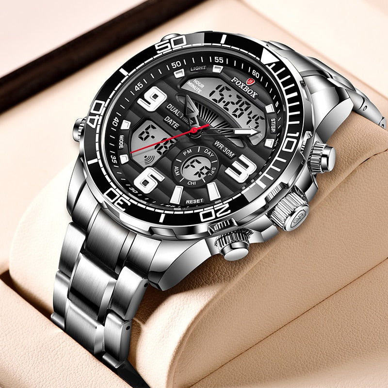 Foxbox FB007 Dual Display Stainless Steel Quartz Sport Watch available from FiveTo.co.uk