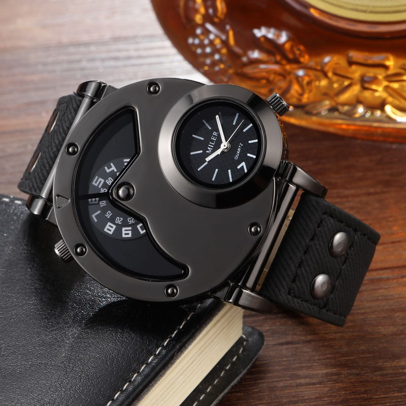 V6 No.1900 Dual Time Zone Twin Dial Quartz Stainless Steel with Leather Strap.