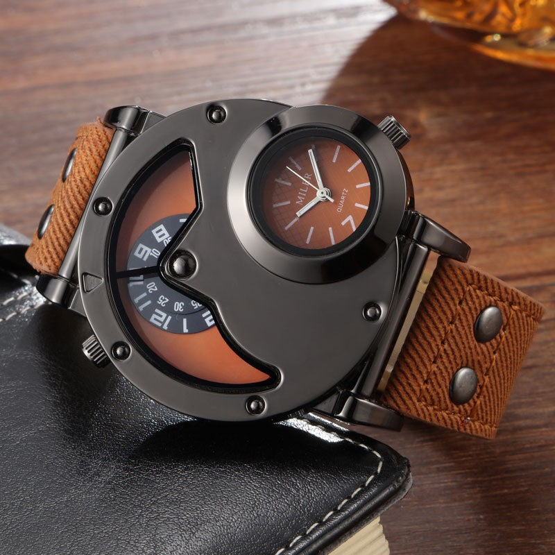 V6 No.1900 Dual Time Zone Twin Dial Quartz Stainless Steel with Leather Strap.