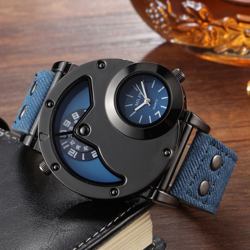 V6 No.1900 Dual Time Zone Twin Dial Quartz Stainless Steel with Leather Strap.