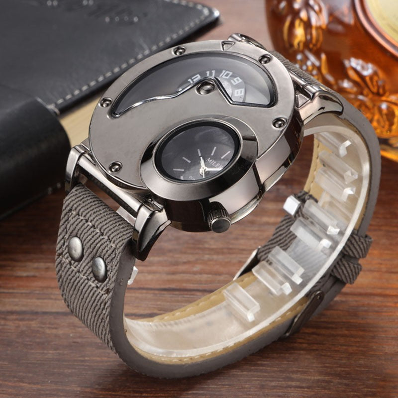V6 No.1900 Dual Time Zone Twin Dial Quartz Stainless Steel with Leather Strap.