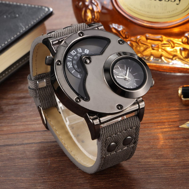 V6 No.1900 Dual Time Zone Twin Dial Quartz Stainless Steel with Leather Strap.