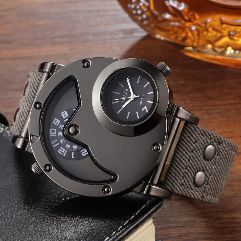 V6 No.1900 Dual Time Zone Twin Dial Quartz Stainless Steel with Leather Strap.
