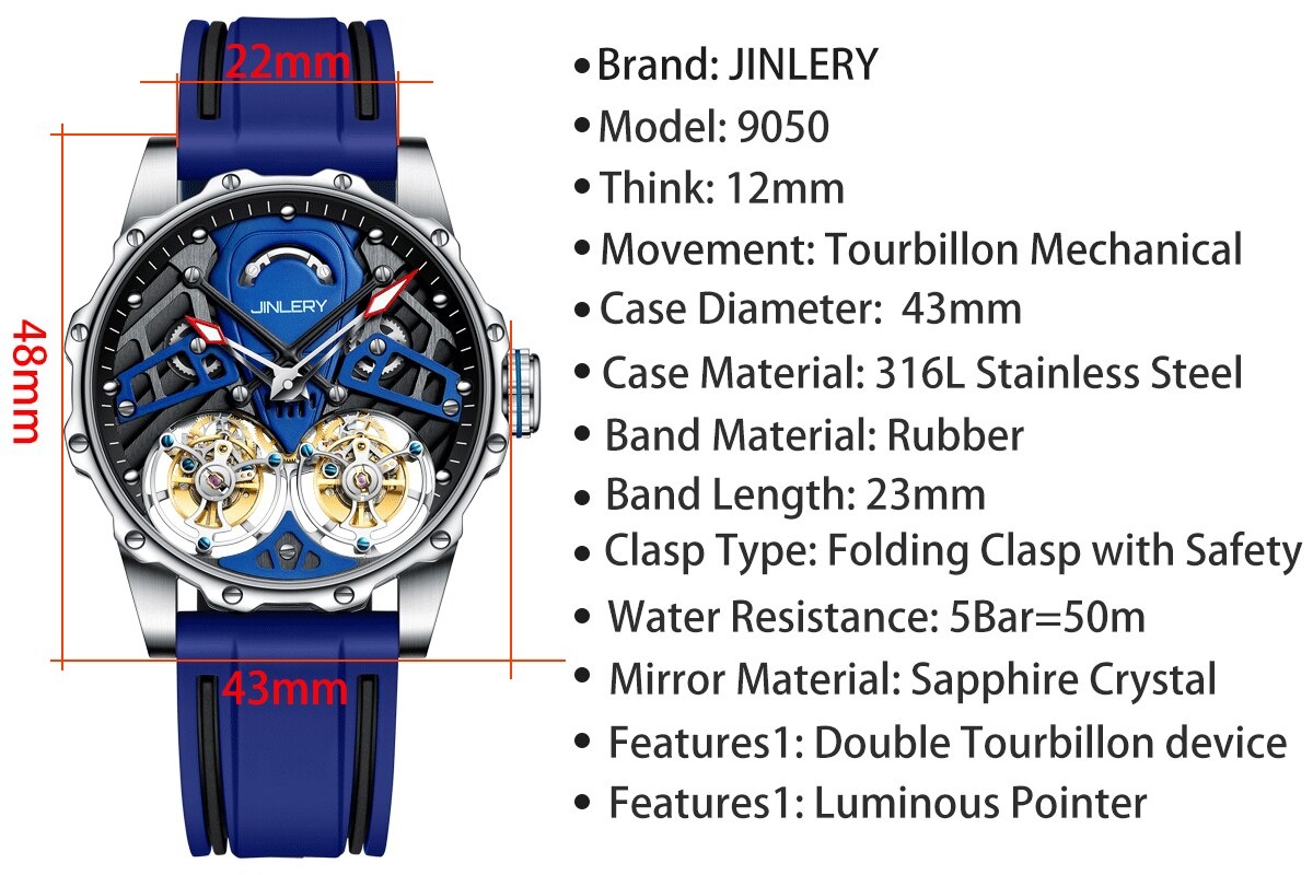 Dimensions Jinlery Double Tourbillon Skeleton Mechanical Watch from fiveto.co.uk