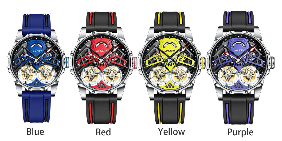 Colour options for Jinlery Double Tourbillon Skeleton Mechanical Watch from fiveto.co.uk