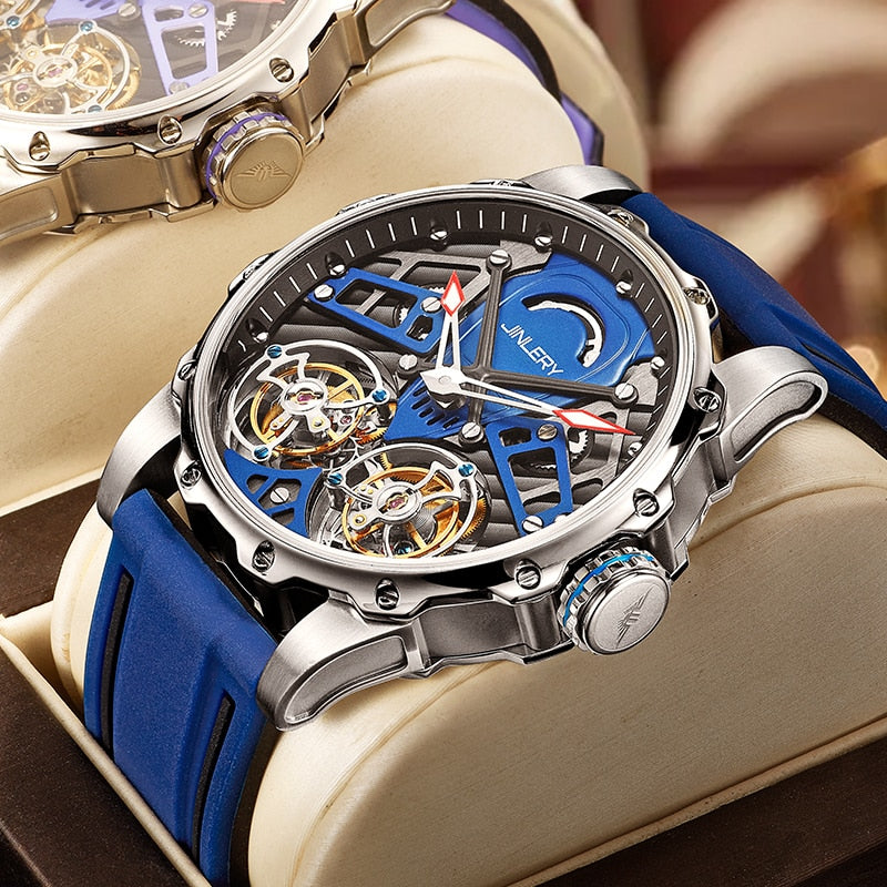 Blue in box Jinlery Double Tourbillon Skeleton Mechanical Watch from fiveto.co.uk