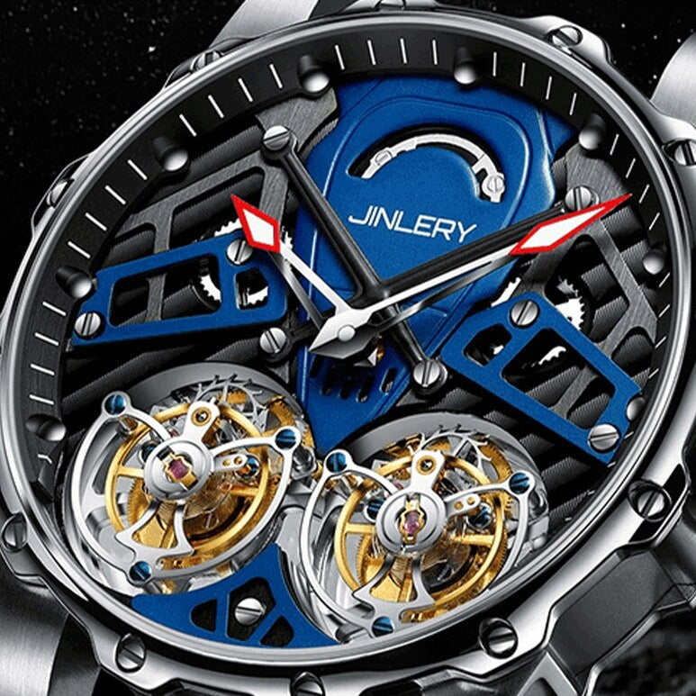Closer view of Jinlery Double Tourbillon Skeleton Mechanical Watch from fiveto.co.uk